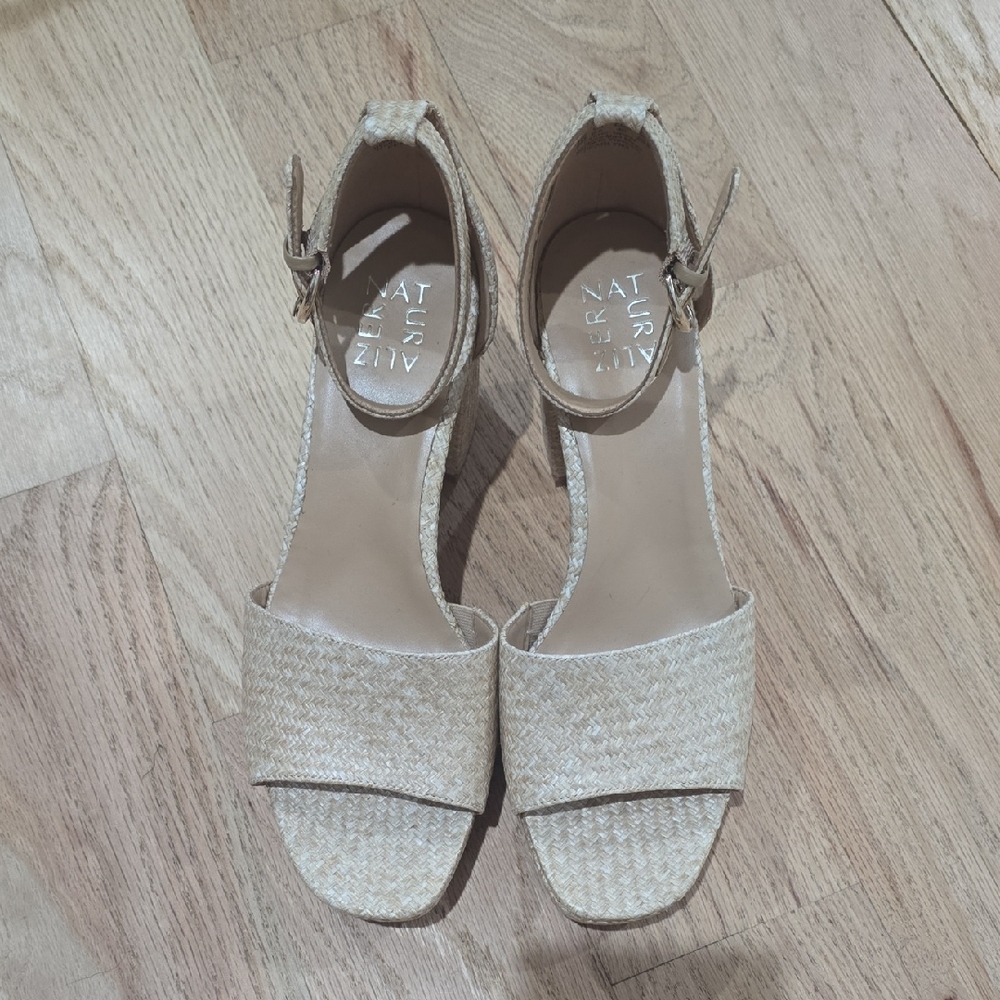 Naturalizer Beige Fabric Strappy Block Heel Buckle Women's Sandals 9M